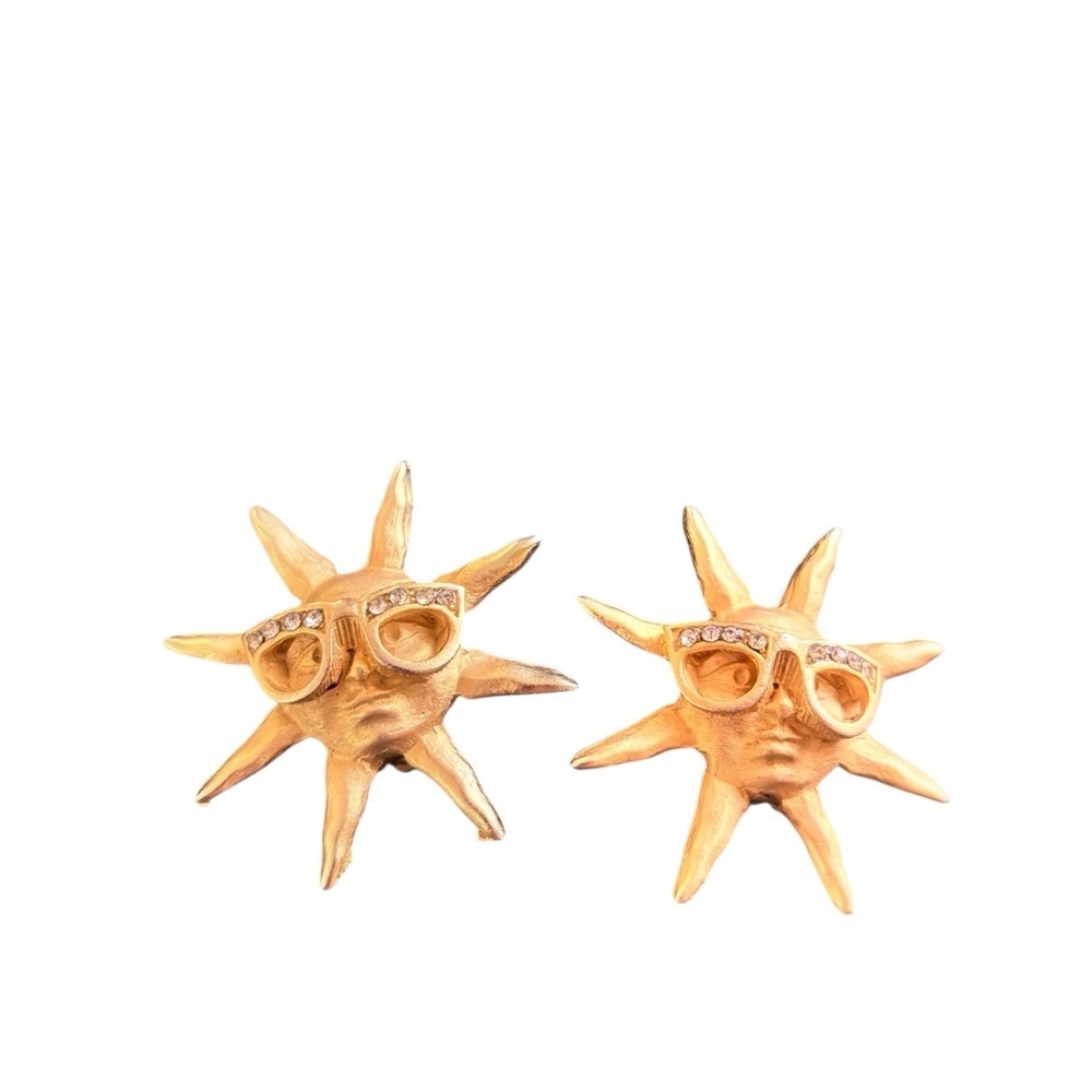 VTG 80’s Gold Clip On Earrings Sun Face w/Sunglasses Rhinestone Bling 1.5 Retro